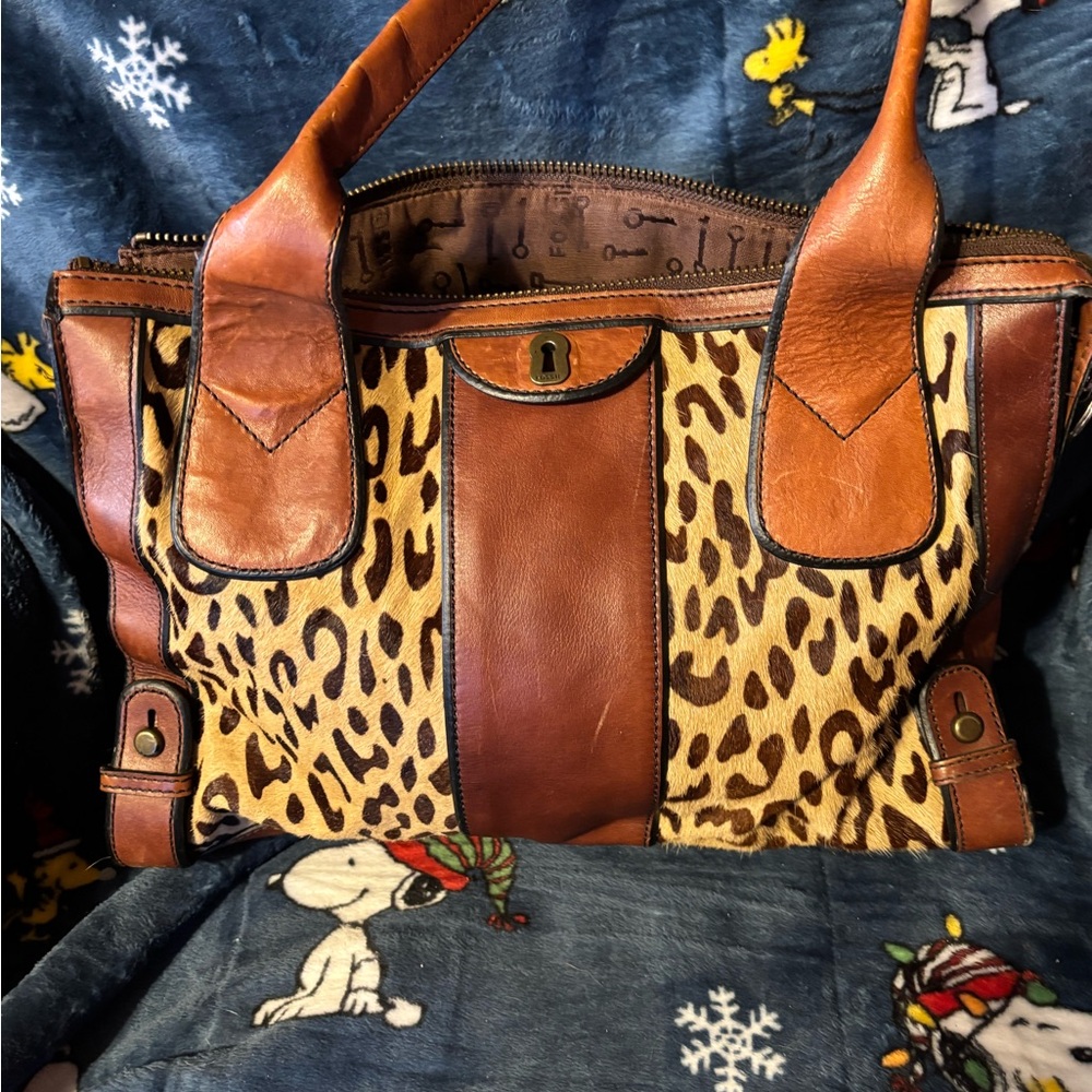 Fossil Brown and Leopard Print Satchel